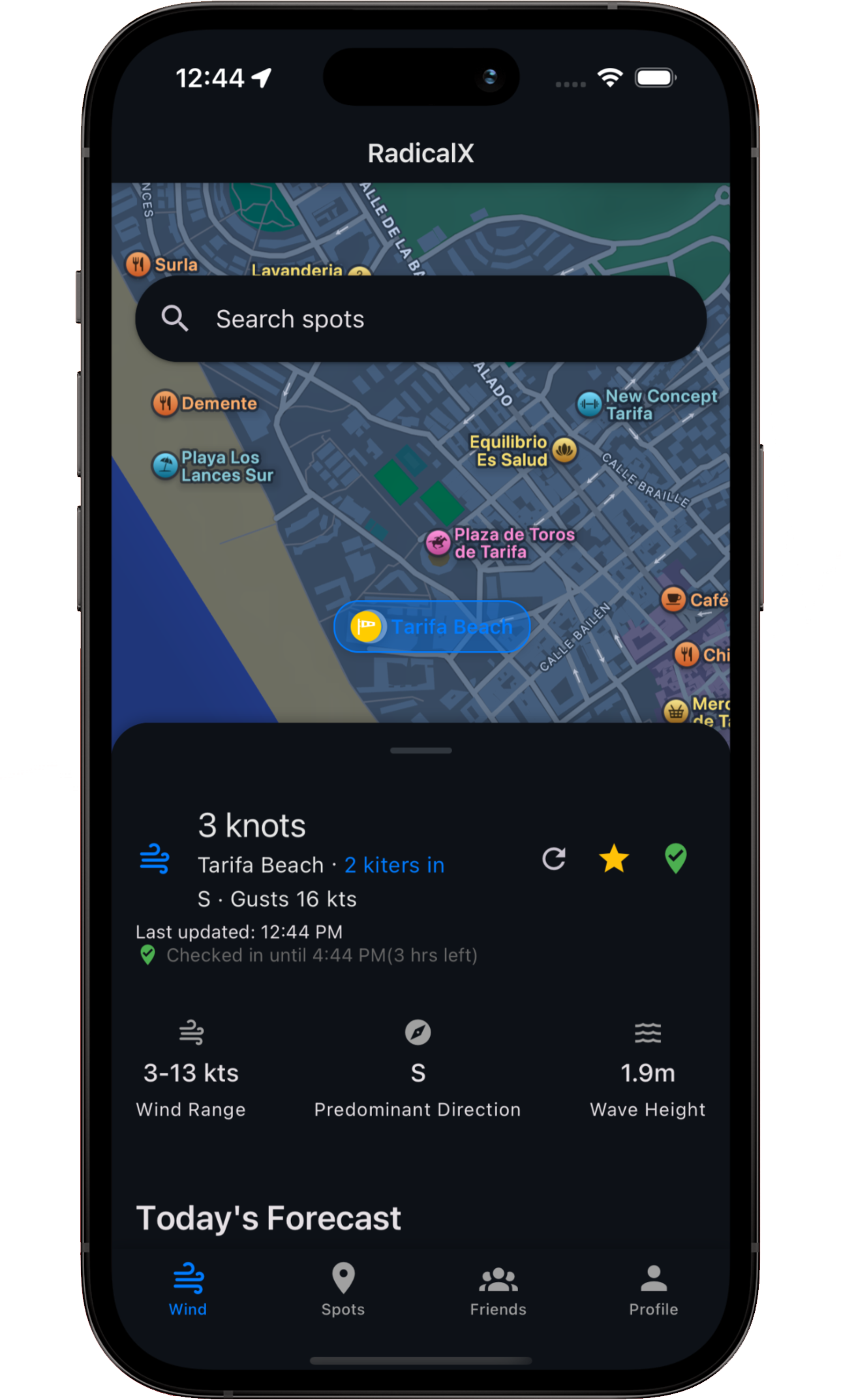 RadicalX™ Kitesurfing App Interface showing wind forecast and spot data